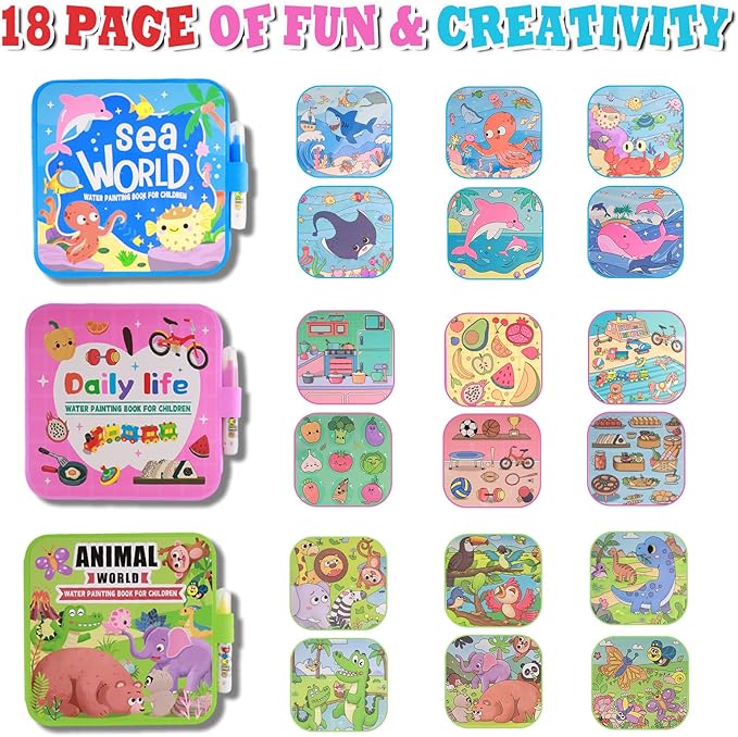 YECHISY Reusable Water Painting Books for Kids: 3 Pack Mess-Free Magic Water Coloring Books - Paint with Water Books, No Mess Coloring Travel Activity Toys for Toddlers Ages 3+