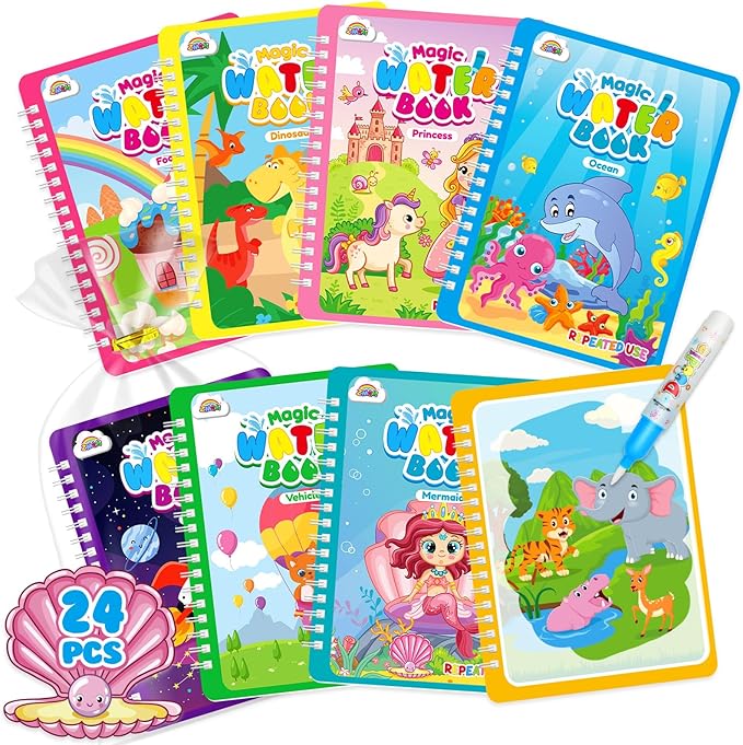 ZMLM 24 Pack Water Coloring Books for Toddlers, Reusable Paint with Water Books with Pen, Mess Free Magic Doodle Party Favors Bulk for Kids Ages 3-8 Boys Girls