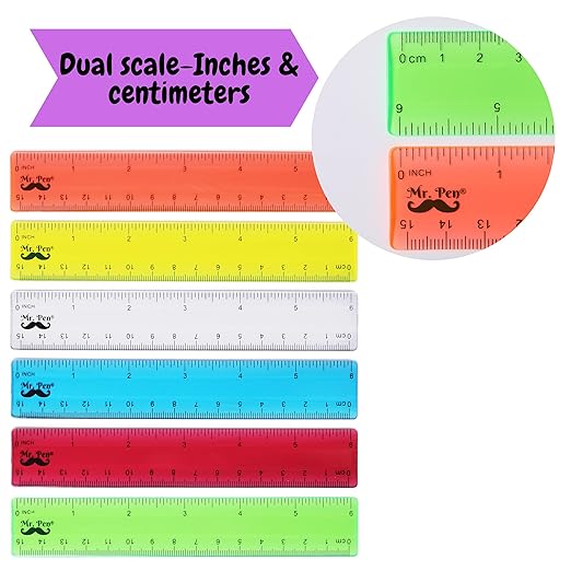 Mr. Pen- Plastic Rulers, 6 Inch, 6 Pack, Assorted Colors, Scratch-Resistant Design with Inches and Centimeters, Durable Small Transplant Rulers for Crafting Office & School, School Supplies