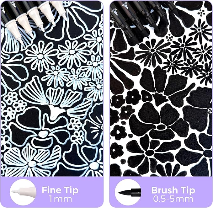 Artecho Dual Tip Acrylic Paint Pen White 5pcs set-Fine Tip and Brush Tip for Stone, Rock Painting, Paper, Pumpkin, Wood, Egg, Canvas, Ceramic, Fabric, leather, Glass, DIY Crafts