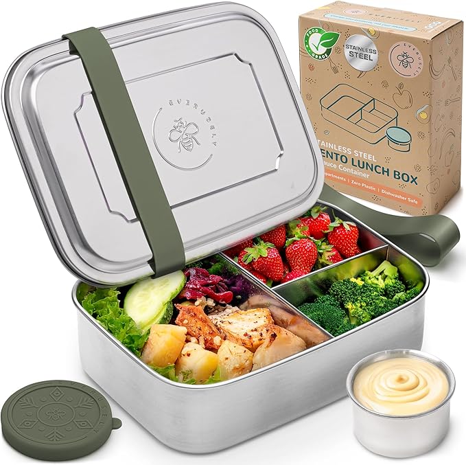 Everusely - Bento Box - Sage, 60oz / 1.8 L - Extra Large Stainless Steel Lunch Box + Leakproof Condiment Container - 3 Compartment Snack Organizer for On the Go Meals - Freezer & Dishwasher Safe