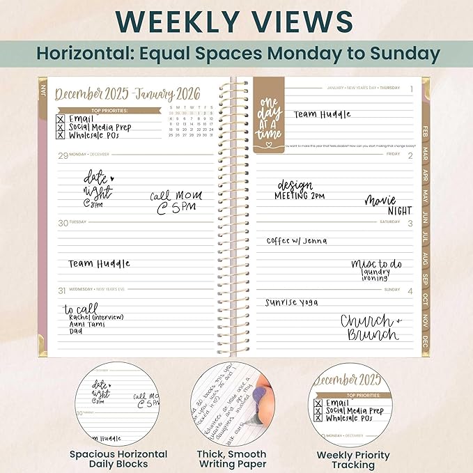 bloom daily planners HARDCOVER 2026 Planner (January to December) - A5 Task Goal Organizer for Women - Monthly & Weekly Inspirational Agenda Book - 5.5" x 8.25" - Linen, Pink