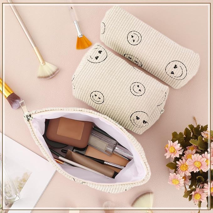 Huhumy 3 Pcs Makeup Bag Set for Women Corduroy Cosmetic Pouch Aesthetic Smile Travel Toiletry Bag Cute Purse Pouch Pencil Case Makeup Brushes Storage Organizer with Zipper(Beige,Smile Face)
