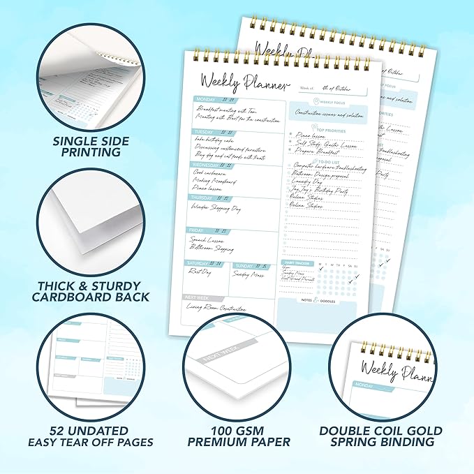 Decorably 52 Sheets Blue Undated Weekly Planner Notepad - 6.5x10in Spring-Bound, Easy Tear-Off Design, with Focus, Priorities, to-do List, Habit Tracker & Notes - Home, School, Office