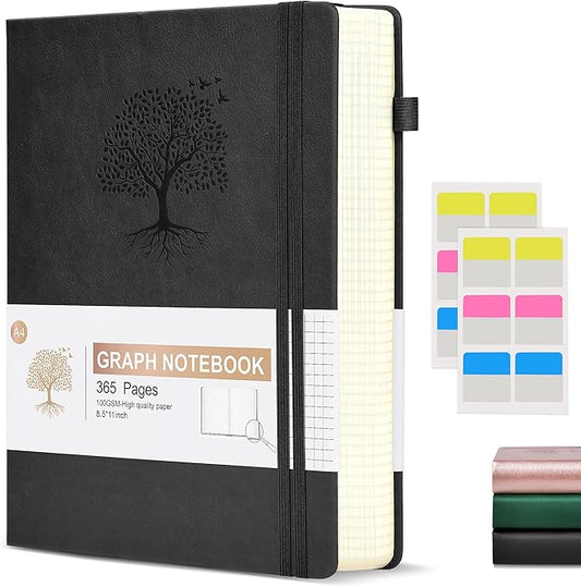 Ansopu Graph Paper Notebook Journal, 360 Numbered Pages Grid Notebooks 8.5 x 11, Thick 100gsm Paper Graphing Journals for Women Men, A4 Large Hardcover Graph Leather Journals for Writing Black
