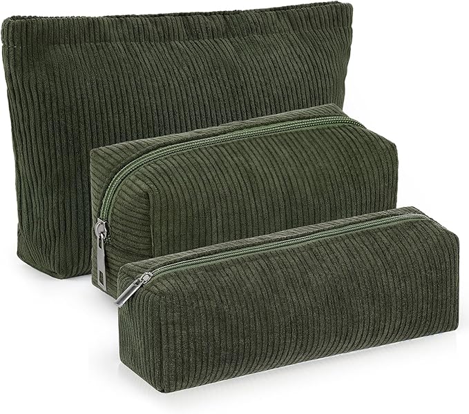 Huhumy 3 Pcs Makeup Bag Set for Women Corduroy Cosmetic Pouch Aesthetic Smile Travel Toiletry Bag Cute Purse Pouch Pencil Case Makeup Brushes Storage Organizer with Zipper(Army Green,Solid Style)