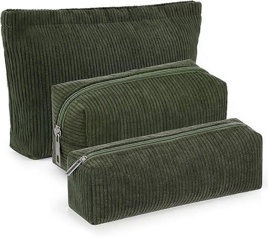 Huhumy 3 Pcs Makeup Bag Set for Women Corduroy Cosmetic Pouch Aesthetic Smile Travel Toiletry Bag Cute Purse Pouch Pencil Case Makeup Brushes Storage Organizer with Zipper(Army Green,Solid Style)