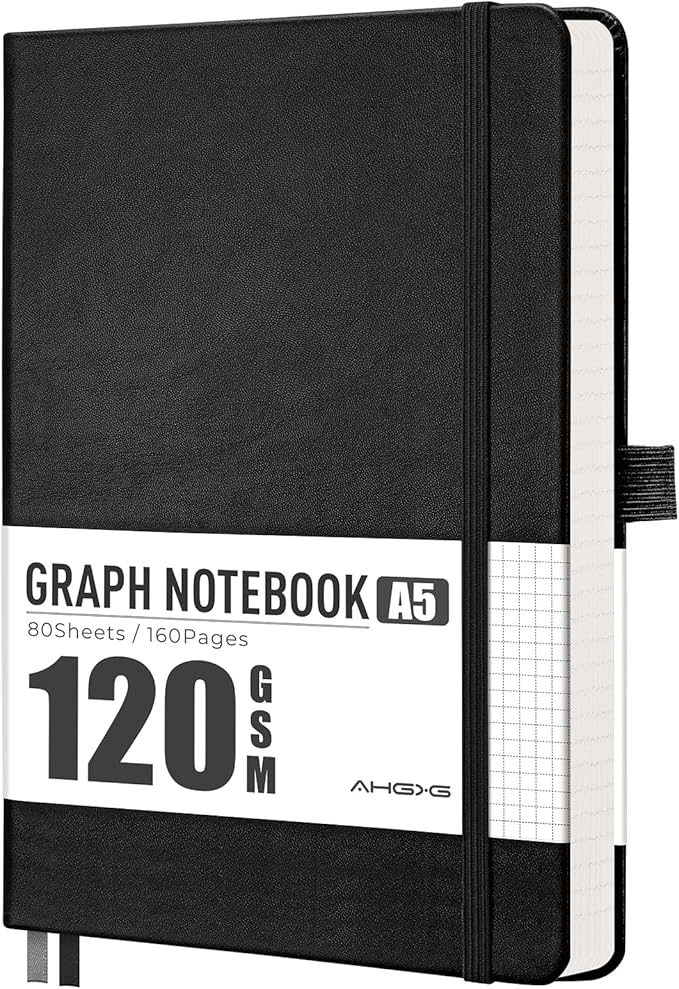 AHGXG Graph Grid Paper Notebook, 160 Pages, A5 Medium Size (5.7'' x 8.3'')
