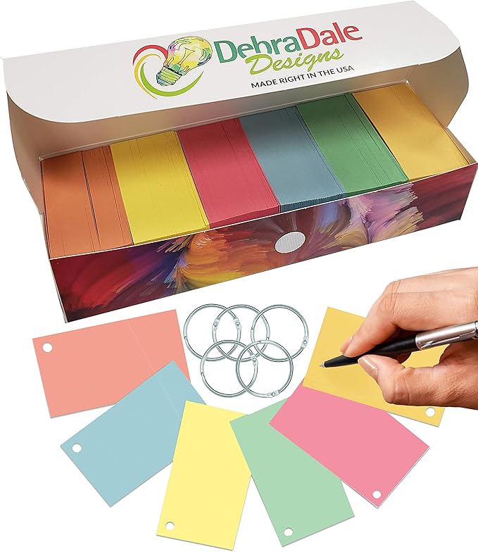 Debra Dale Designs 1,000 Blank Flash Cards - Business Card Size, 110# 199 gsm Durable Pastel Index Cards, Pre-Punched with Rings, Unlined, Colorful Study Cards, Includes Sturdy Storage Box 2x3.5 Inch