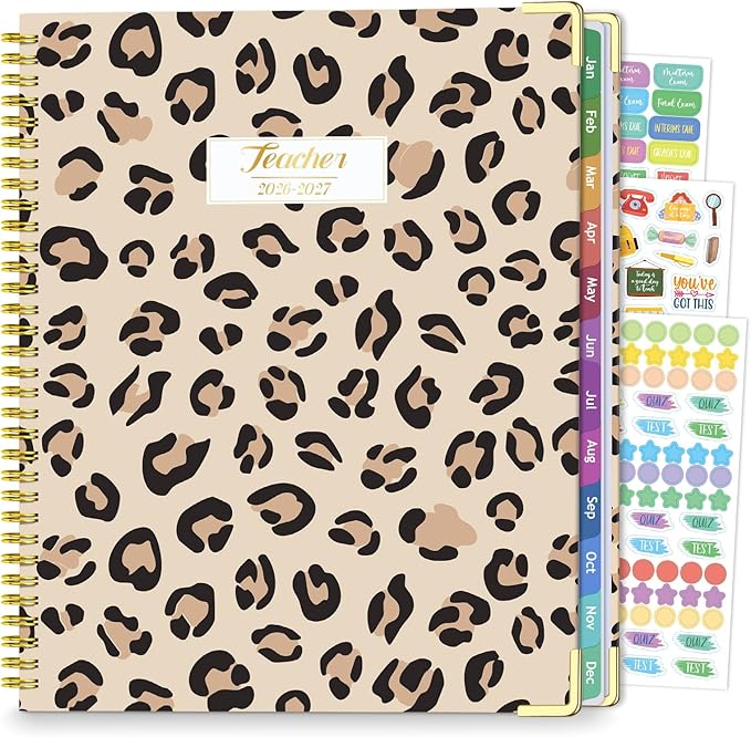 Teacher Planner 2026-2027, Jul 2026-Jun 2027 Academic Year, 8.5" x 11" Lesson Planner Book for Teacher Calendar, Spiral Bound Planners, Colorful Monthly Tabs, Planning Stickers, Leopard