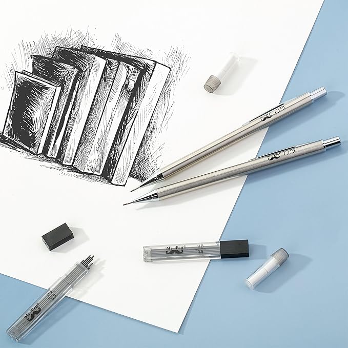 Mr. Pen- Metal Mechanical Pencil Set with Lead Refills & Erasers, 2 Pack, 0.9mm, 4x Tubes 2B Lead Refill, 4x Eraser Refills for School Supplies, Note Taking, Drawing, Sketching, Office