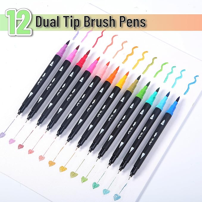 Mr. Pen- Dual Tip Brush Pens, 12 pcs, Assorted Color, Fine & Brush Tip Markers for Adult Coloring Markers for Adults