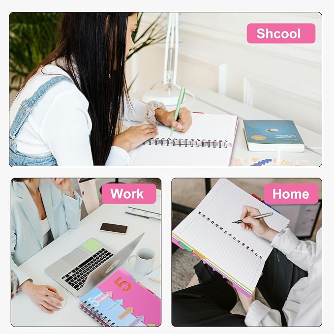 CAGIE 5 Subject Notebook 8.5 x 11，A4 Spiral Notebooks College Ruled Spiral Notebook with Dividers Tabs，220 Pages Lined Spiral Notebook for Note Taking, School, Work, Pink