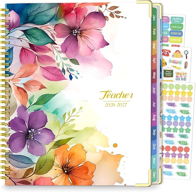 Teacher Planner 2026-2027, Jul 2026-Jun 2027 Academic Year, 8.5" x 11" Lesson Planner Book for Teacher Calendar, Spiral Bound Planners, Colorful Monthly Tabs, Planning Stickers, Flower