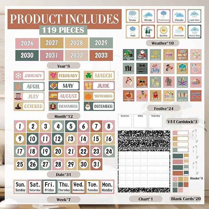 Tinlade Classroom Calendar Pocket Chart Set with 115 Cards 24 x 28 Inch Modern Farmhouse Calendar Bulletin Board Pocket 2026-2033 Festival Weather Teacher Supplies for Back to School Wall Decoration