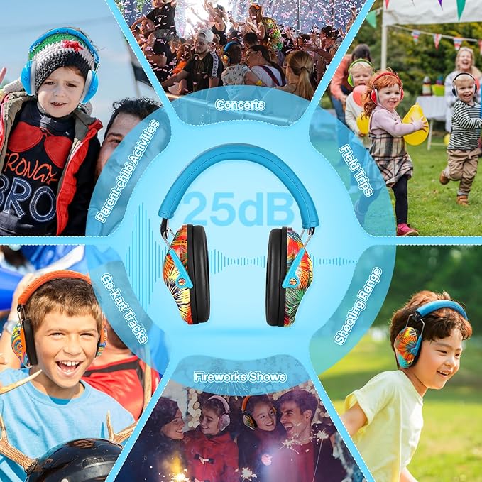 PROHEAR 032 Kids Ear Protection Safety Noise Earmuffs with NRR 25dB, Children Adjustable Headband Hearing Protectors for Monster Trucks, Sports Events, Concerts - Fireworks Pattern