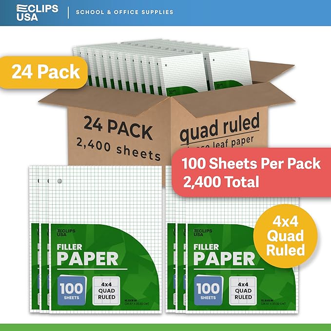 Graph Paper Loose Leaf Paper Quad Ruled Notebook Paper Quad Ruled 4” x 4” Square Lined Writing Filler Paper 10.5” x 8” 2400 Sheets 100 Sheets Per Pack 60 gsm (24 Pack)