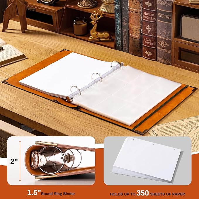 Ovesmusl PU Leather 3 Ring Binder Fits 8.5"x11" Letter Size Paper, 1.5 Inch Round Ring Binder Holds 350 Sheets, Notepad Paper Cover Loose Leaf Organizer, Brown Tree