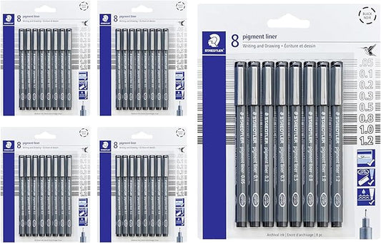 STAEDTLER Pigment Liner 5-Pack (5 sets of 8 pcs), Black, 8 Pens, Assorted Line Widths, 0.05mm, 0.1mm, 0.2mm, 0.3mm, 0.5mm, 0.8mm, 1.0mm, 1.2mm, 40 Count