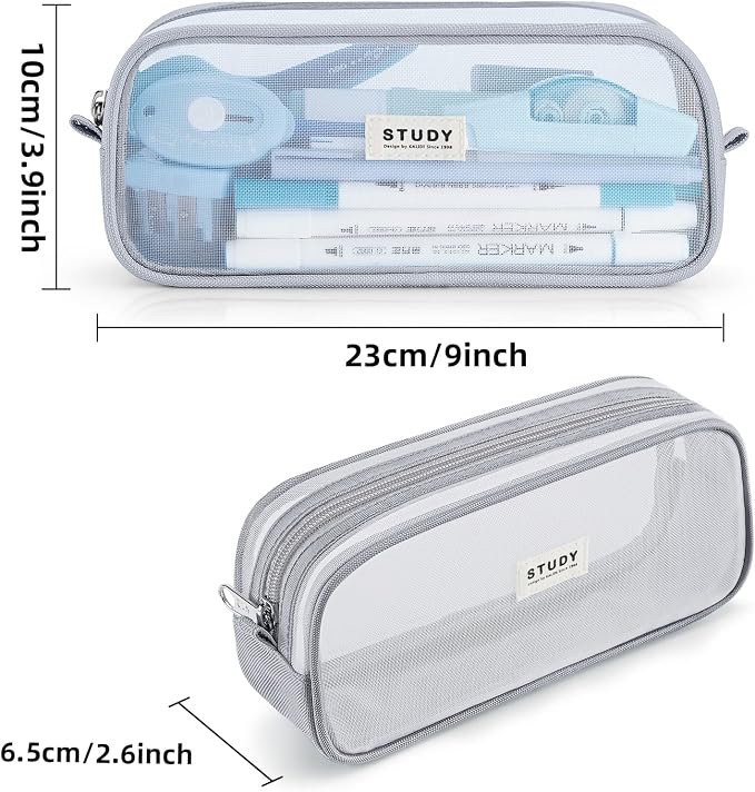 Grid Mesh Pencil Case Pouch Large Capacity Pencil Bag with Zipper | Big Pencil Pouch Grey Simple Stationery Bag Aesthetic Pen Bag for School Teen Girl Boy Multi-Purpose Bag for Office Men Women