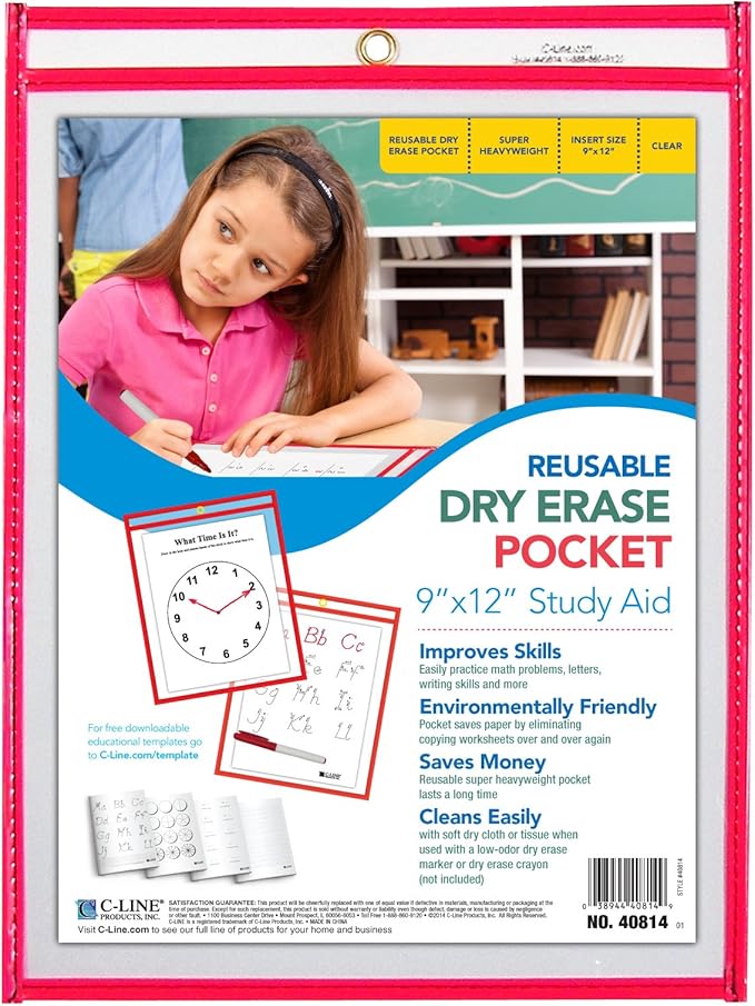 C-Line Reusable Dry Erase Pockets, 9 x 12 Inches, Red(40814-30)