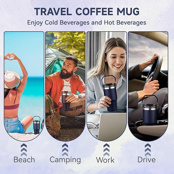 20oz Tumbler with Handle and Flip Straw Lid Double Wall Insulated Travel Coffee Mug Stainless Steel Vacuum Insulated Coffee Tumbler Cup for Hot and Cold Beverages Leak-proof&BPA-free (20oz,Navy blue)