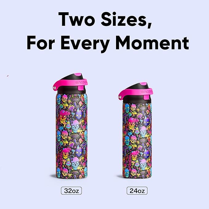 Encool SwiftSip Insulated Stainless Steel Water Bottle with Straw - Leak Proof Sports Water Bottle for School, Travel, Keeps Cold All Day, One-Touch Flip Lid, BPA-Free, 32 oz, Trippy Skulls