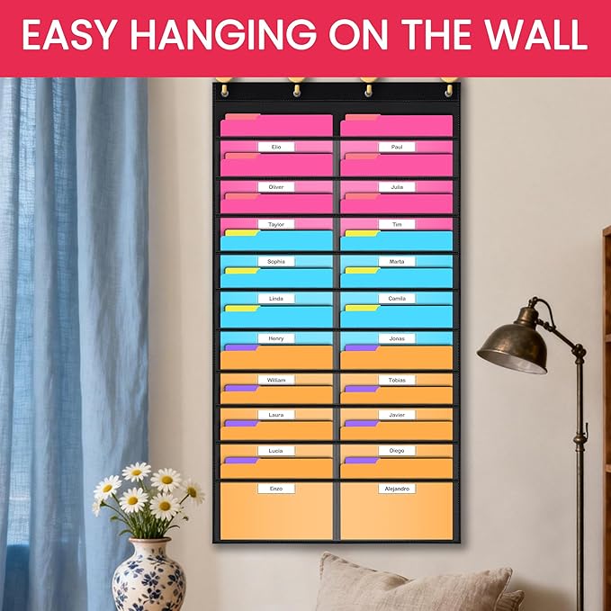 Clear Storage Pocket Chart for Classroom & Office with 20 Nametag Pockets, 4 Overdoor Hangers Included, Hanging Wall File Organizer for File Folders, Assignments, Files, Scrapbook Papers & More