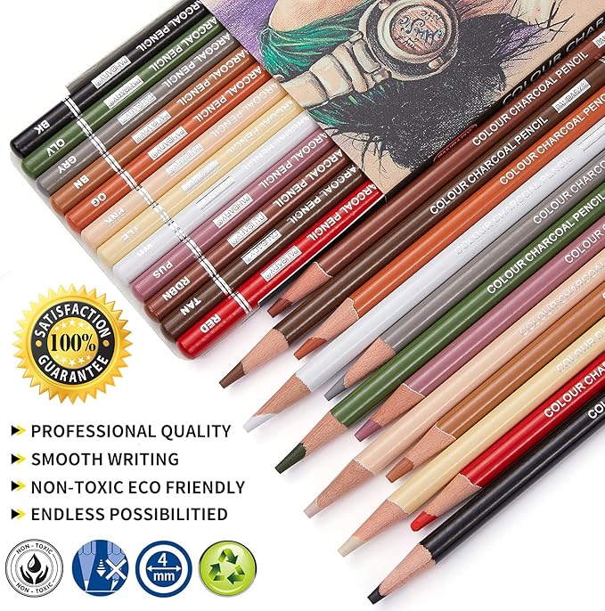 PANDAFLY Professional Colored Charcoal Pencils Drawing Set, Skin Tone Colored Pencil, Pastel Chalk Pencils for Sketching, Shading, Coloring, Layering & Blending, 12 Colors