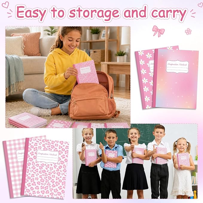 6 Pack Large Composition Notebooks Bulk 9.8 × 7.5 in Wide Ruled Hard Cover Composition Book Assorted Marble Journal College Ruled Paper for Adult Student College Office Back to School Supplies(Pink)