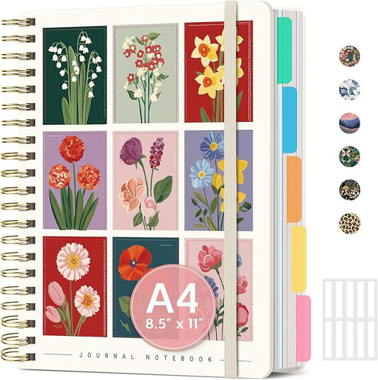 Large Spiral Notebook with Dividers & Tabs, 8.5" x 11" Hardcover 5 Subject Notebook for Work, 280 Pages, College Ruled, Cute Journal for Women, Perfect for Study & Office Note Taking, Floral Gallery