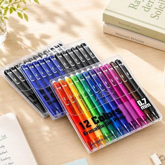 sunacme Retractable Erasable Gel Pens, 12 Color Fine Point Erasable Pens Clicker, Make Mistakes Disappear, Assorted Ink for Drawing, Writing, Planner & Crossword Puzzles (0.7mm, Pack of 12)