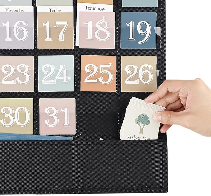 Boho Calendar Pocket Chart for Classroom Cards Add-On School Supplies Teacher Decorations Bulletin Board Pre-K To 6th Grade, Black-1