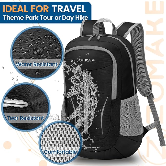 ZOMAKE Lightweight Packable Backpack 25L, Foldable Hiking Daypack | Water Resistant Small Folding Backpacks for Travel, Everyday Carry, Multi-Pocket Layout, Breathable Shoulder Strap