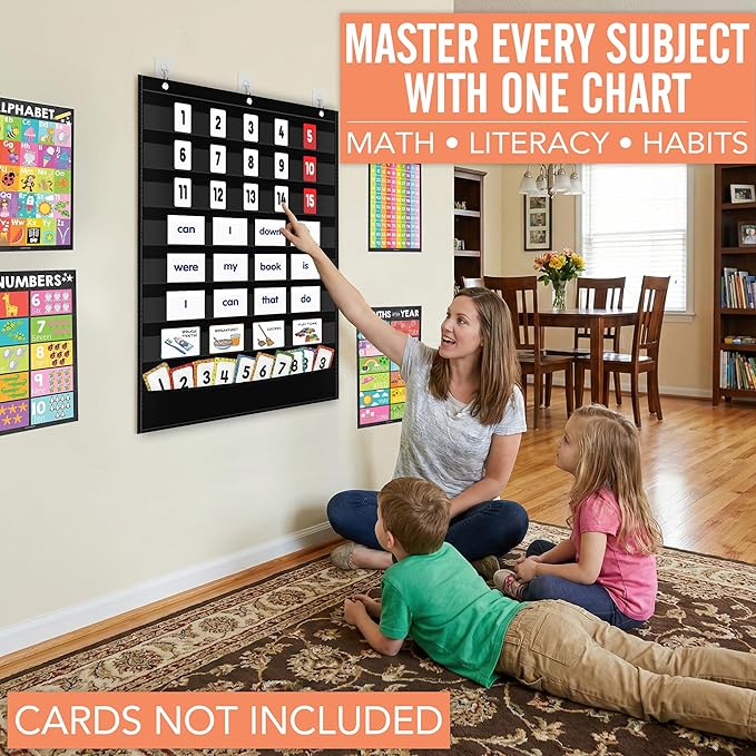 Standard Pocket Chart for Classroom - 7+1 Black Pocket Chart for Alphabet Learning Word Wall Calendar Daily Schedule Sentence Strips Sticker Display, Teacher Supplies for Preschool Kindergarten & Home