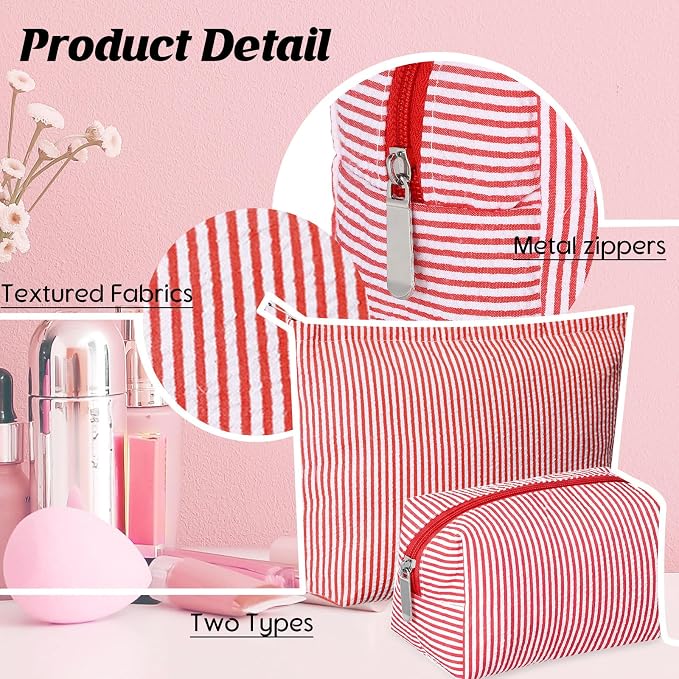 Huhumy 2 Pcs Makeup Bag Set for Women, Red, Thin Striped Seersucker | Cute Cosmetic Pouch Women Travel Toiletry Bag Preppy Small Makeup Purse Pouch Aesthetic Skincare Brushes Storage Organizer
