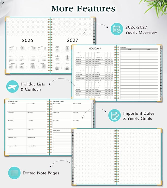 Planner 2026-2027, 18 Months Weekly and Monthly Hardcover Planner, January 2026 - June 2027, 5.75" x 8.38" A5 Daily Calendar Planner Book with Tabs, Spiral Yearly Agenda Organizer Notebook for School Work Home, Aquamarine