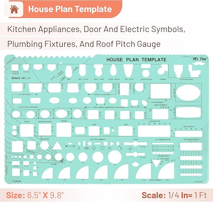 Mr. Pen- House Plan, 3 pcs, Interior Design and Furniture Templates, Clear Flexible Plastic, Drafting Tools, Ruler Shapes for Architecture, 1/4 Inch Scale, Kitchen, Bath, Bedroom, Office, Living Room