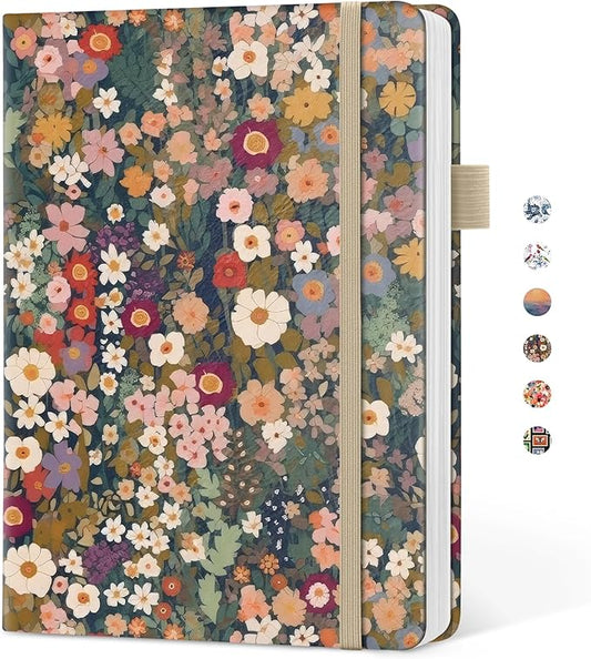Taja Pretty Dotted Journal for Women, Aesthetic Cute Hardcover Leather Journal for Writing, A5 Journaling Notebook for Work & Sketch, Perfect for Office School Home, 160 Pages, Meadow Flowers