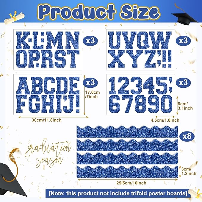 Blue 175 Pcs Graduation Photo Display Board Sticker Glitter Border Trim Alphabet Letter Number for 2026 Grad Party Trifold Poster Photo Display Event Displays Bulletin Board