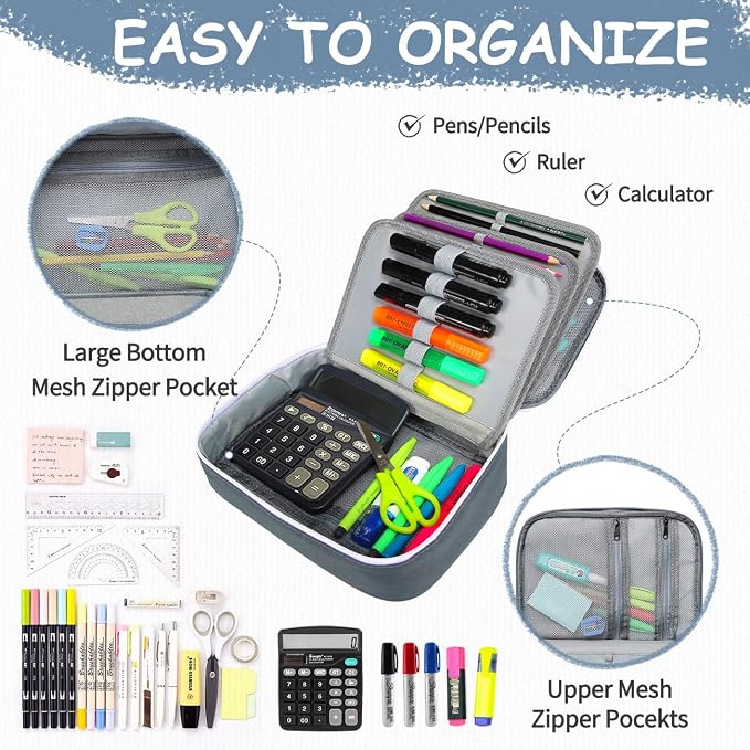 VASCHY Large Pencil Case, Art Color Pencils Pouch with Detachable Layers Multiple Zip Pockets for School Office Stationary Organization Dark Gray
