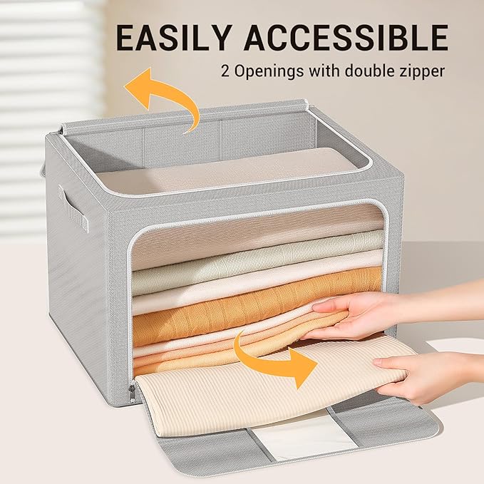 Clothes Storage Bins with Metal Frame Foldable Storage Box Clothes Organizers Storage Containers for Clothes Sheets Blankets Books Toys Gifts and Holiday Decorations (66Lx3 Pack)