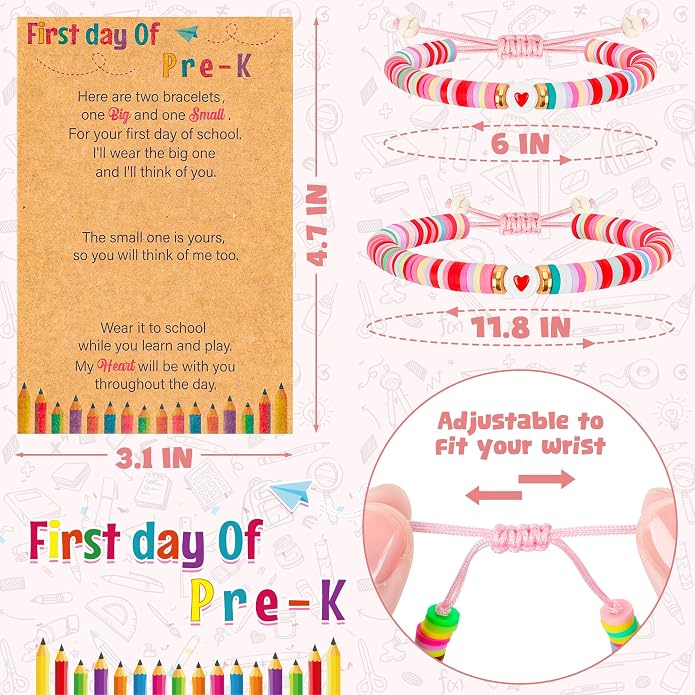 Back to School Supplies, First Day of Kindergarten Bracelet, Back to School Bracelet Mommy and Me, Prek Matching Wish Bracelets Set, Adjustable Bracelet for Boys Girls Gifts Stuff Bulk