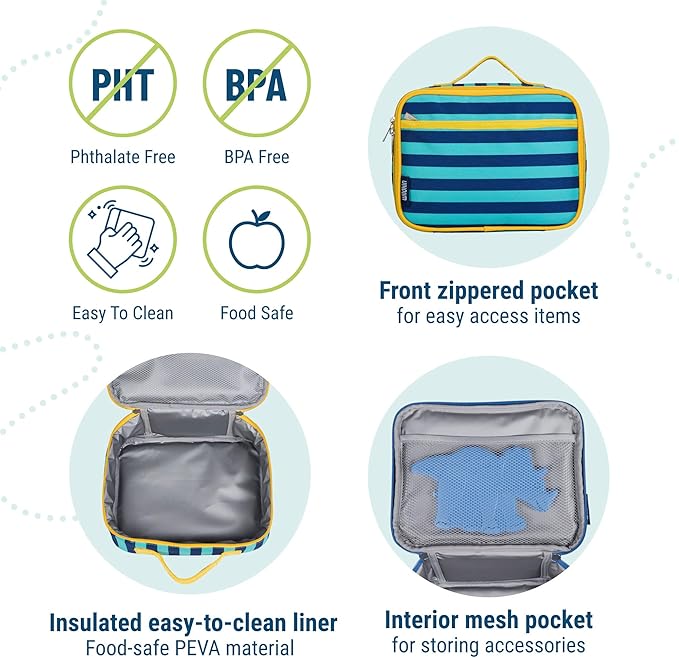Wildkin Kids Insulated Lunch Box, Keeps Food Hot or Cold, BPA-Free with Mesh Pockets & Easy-Clean Lining – Ideal for School, Travel & Daycare – Blue Stripes