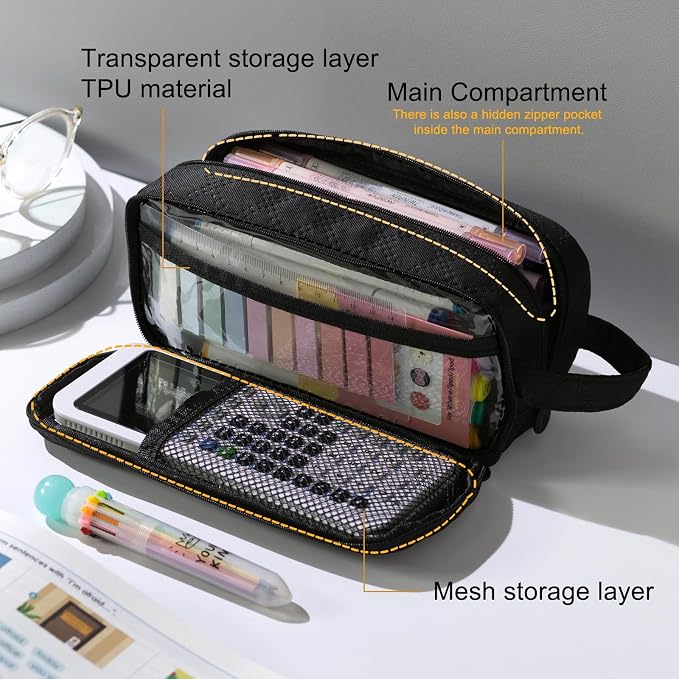 EASTHILL Large Capacity Pencil Case Cute Pencil Pouch with Handle Stationery Pen Bag for Teen Girls-Black