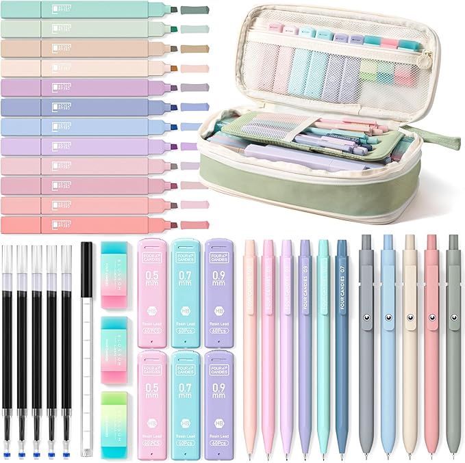 Four Candies 39 PCS Aesthetic School Supplies with Cute Pen Case, 12 Pastel Highlighters, 5 Black Ink Gel Pens, 6 Mechanical Pencils Set for Students Stationary College Essentials (Green)