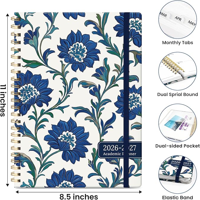 Planner 2026-2027, Academic Planner Weekly and Monthly, Jul 2026 - Jun 2027, Spiral Bound School Planning Tool with Tabs and Pocket, Perfect for Students & Teacher, 8.5" x 11", Cobalt Florals