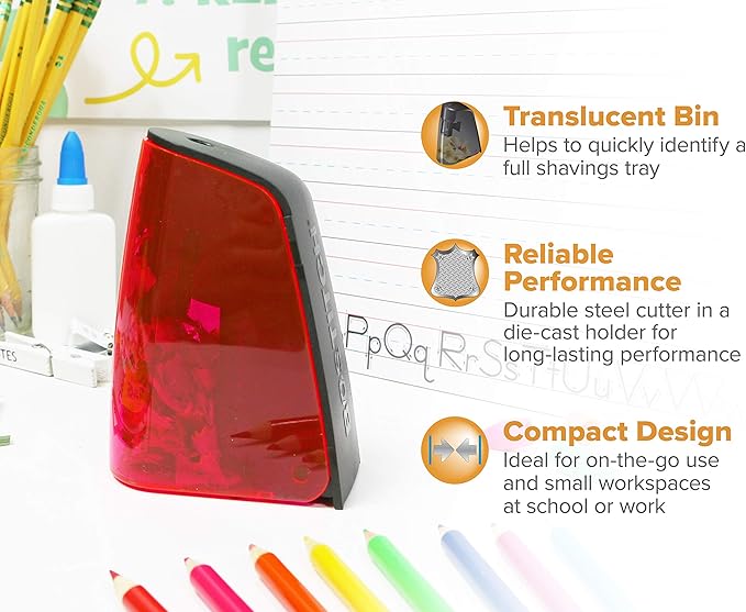 Bostitch Office Battery Powered Pencil Sharpener, Portable, Hinged Tray, Colored Pencil Compatible, Fits In Backpack & Most Pencil Cases, Red