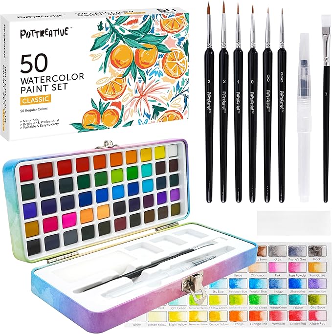 50 Solid Watercolor Paint Set, Built-in Palette with 6 Detailed Brushes, Non-toxic Portable Travel Set for Beginners, Artists, Painting Gift for Classroom, Festivals, Birthdays, Holidays