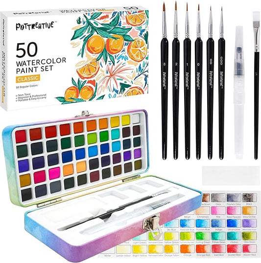 50 Solid Watercolor Paint Set, Built-in Palette with 6 Detailed Brushes, Non-toxic Portable Travel Set for Beginners, Artists, Painting Gift for Classroom, Festivals, Birthdays, Holidays
